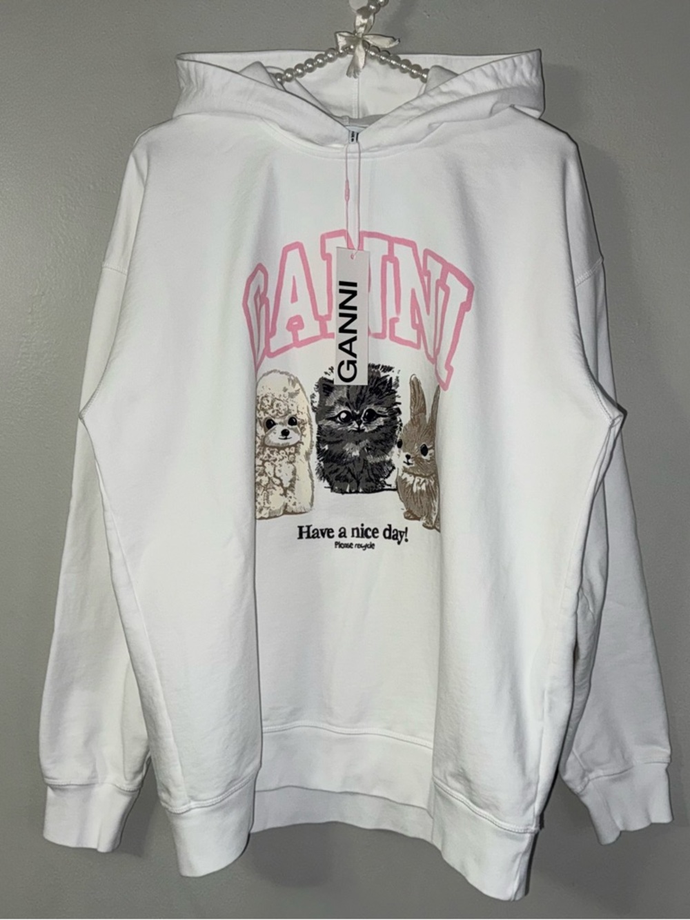 GANNI WHITE ANIMAL PRINT HOODIE IN BRIGHT WHITE - Picture 2 of 11